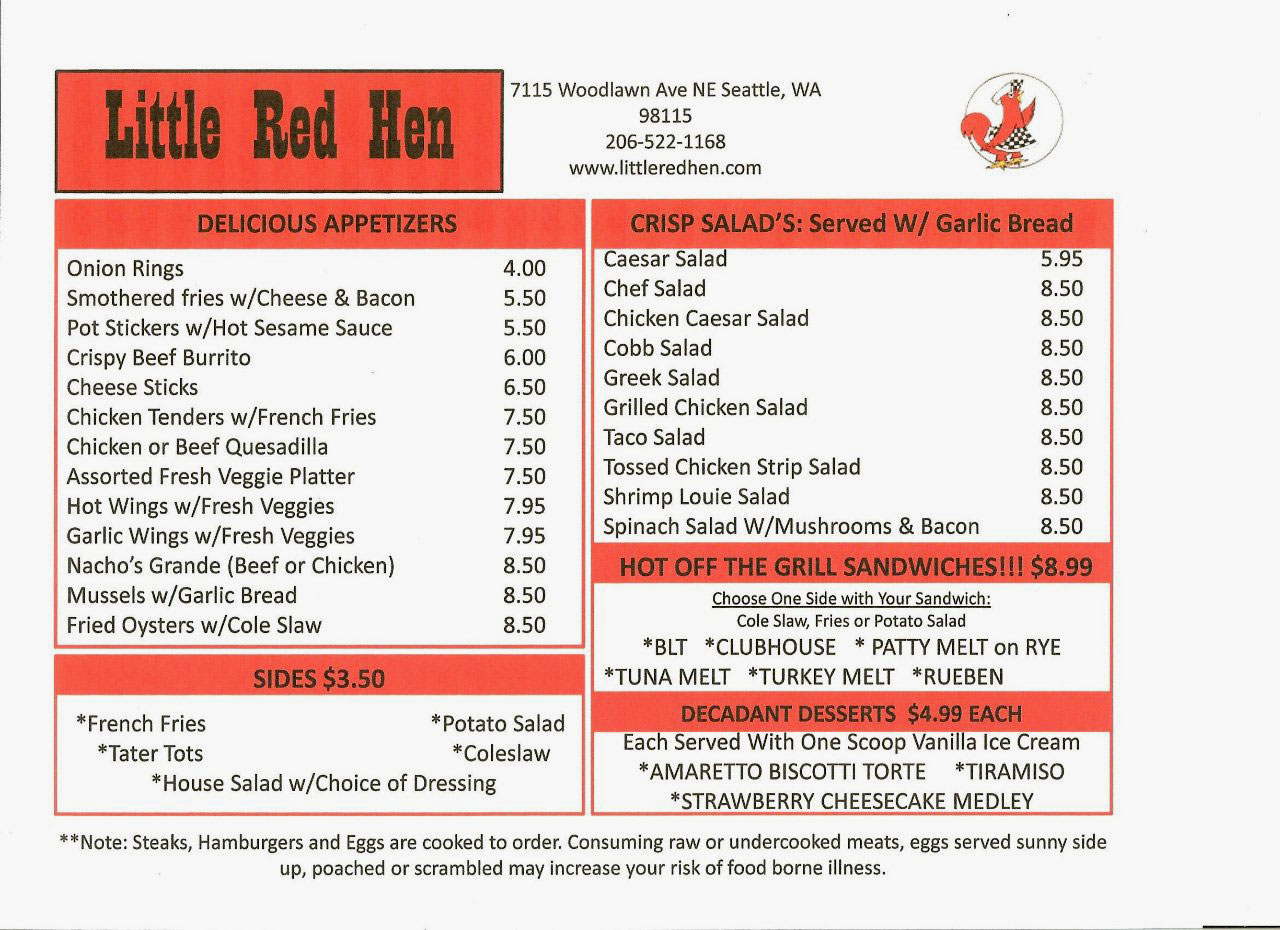 Llate night vittles Friday and Saturday night menu at the Little Red Hen